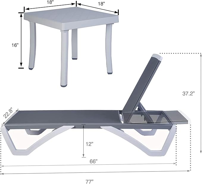 Kozyard Patio Chaise Lounge Chair - Full Flat Alumium & Resin Legs, Outdoor Reclining Adjustable Chair for Sunbathing, Patio,Beach, Lounge with Table (Gray Textilene with Table)