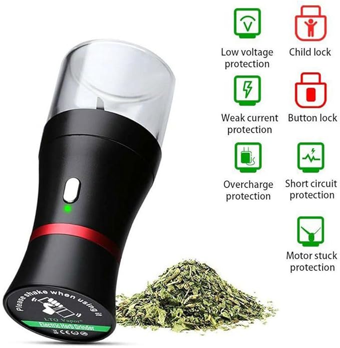 Electric Herb Grinder COMPACT Size, Fast Grinding for Flower Buds, Updated 6 Blades Spice Grinder, USB-Rechargeable Electric Grinder with 2 x 1.7oz/50ml Glass Herb Jars and a Mini Shovel