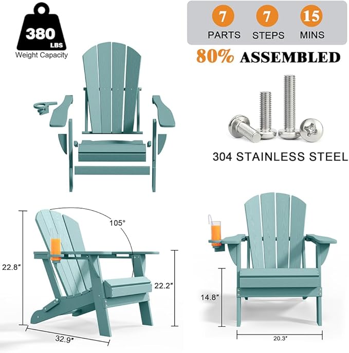 Folding Adirondack Chairs with Cup Holders, Set of 6 HDPE Plastic Outdoor Chairs, Weather Resistant, Real Wood Look, Heavy-Duty Patio Furniture for Deck, Fire Pit, Backyard, Aruba Blue