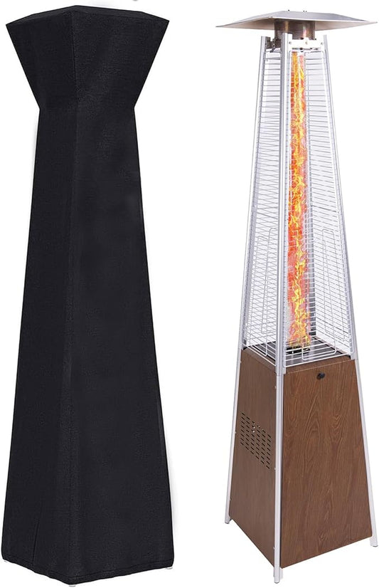 Patio Heater with Cover, 48,000 BTU Pyramid Flame Outdoor Heater, Propane, Detachable Wheels, Quartz Glass Tube for Patio, Garden, Courtyard, Park, Poolside (Brown)