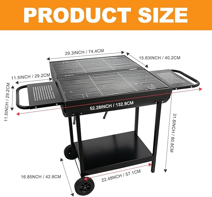 Double Charcoal Barrel Grill with Two Side Shelf, Large Stainless Steel Grill For Backyard Camping Picnic and Party