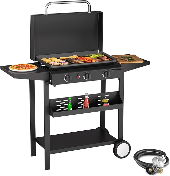 SKOK 3 Burners Outdoor Gas Griddle with Hood, Portable Flat Top Gas Grill-Table Top Propane Griddle Station with Side Shelves for Kitchen, Outdoor BBQ, Camping