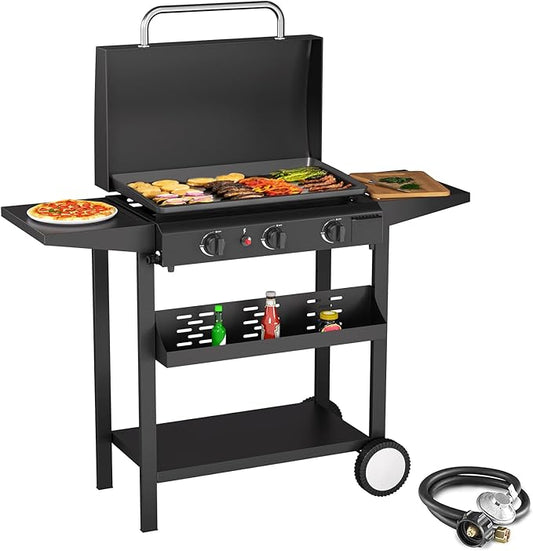SKOK 3 Burners Outdoor Gas Griddle with Hood, Portable Flat Top Gas Grill-Table Top Propane Griddle Station with Side Shelves for Kitchen, Outdoor BBQ, Camping