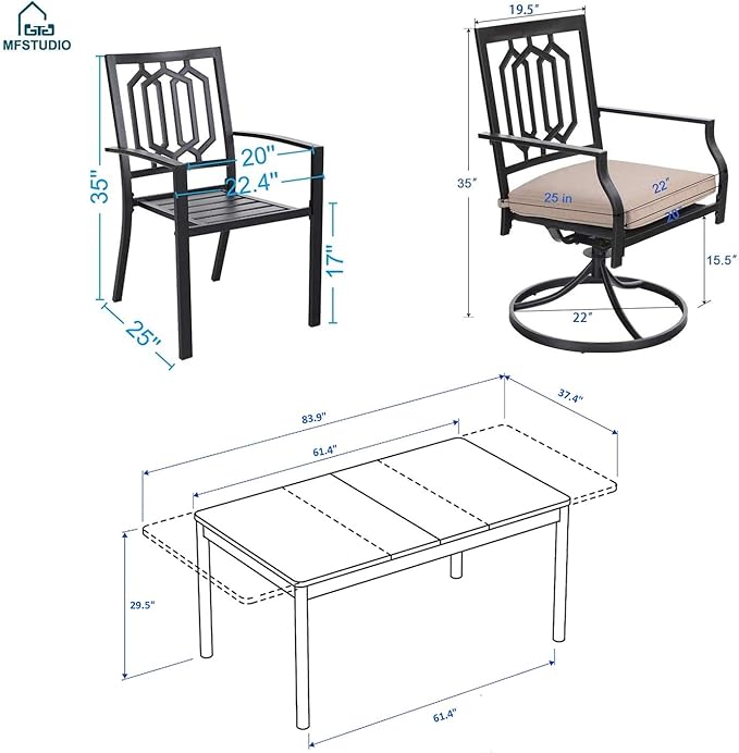 MFSTUDIO Patio Table and Chairs Set of 6, Patio Dining Set for 6 with Expandable Table, Metal Outdoor Dining Set for for Deck Backyard Poolside Garden