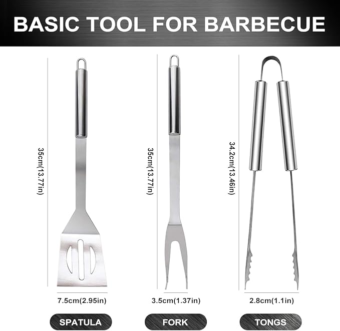 BBQ Grill Tool Set, 3Pcs Stainless Steel Barbeque Grilling Tool Set, Includes a Spatula/Fork/Pair of Tongs, and a Cloth Storage Bag, BBQ Tools for Backyard Outdoor Kitchen (3 Pack)