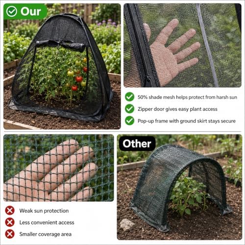 2PCS Pop up Plant Shade Tents（28 x 28 x 32 in-50% Shade Mesh Plant Cover with 16 U-Shaped Stakes for Outdoor Plants, Pop up Gardening Net Cover with Zipper Door, Guard Cover for Potted Plants