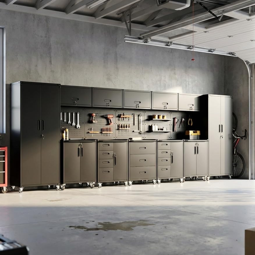 12-Piece Heavy Duty Steel Garage Cabinet System | All-in-One Modular Garage Cabinet Set for Ultimate Workshop Organization | Easy Assembly Garage Storage Cabinets & Tool Bench (Black)