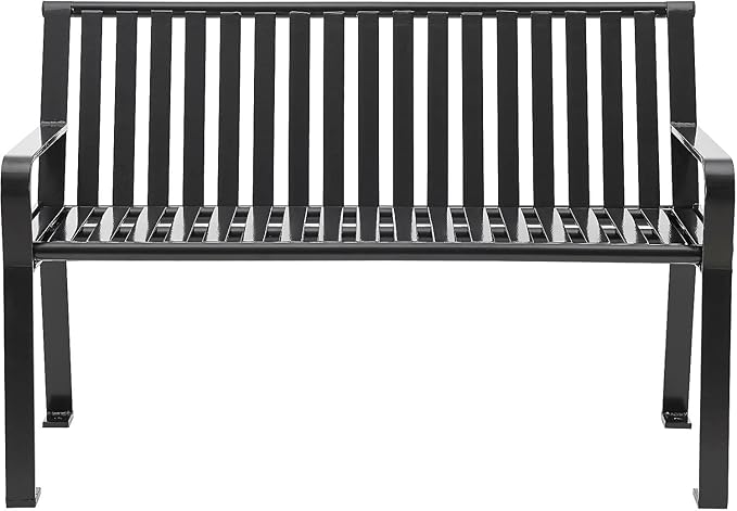 Global Industrial 4 ft. Outdoor Park Bench with Back, Vertical Steel Slat Construction, 600 lbs Capacity, Black, Unassembled, Heavy Duty Commercial Bench