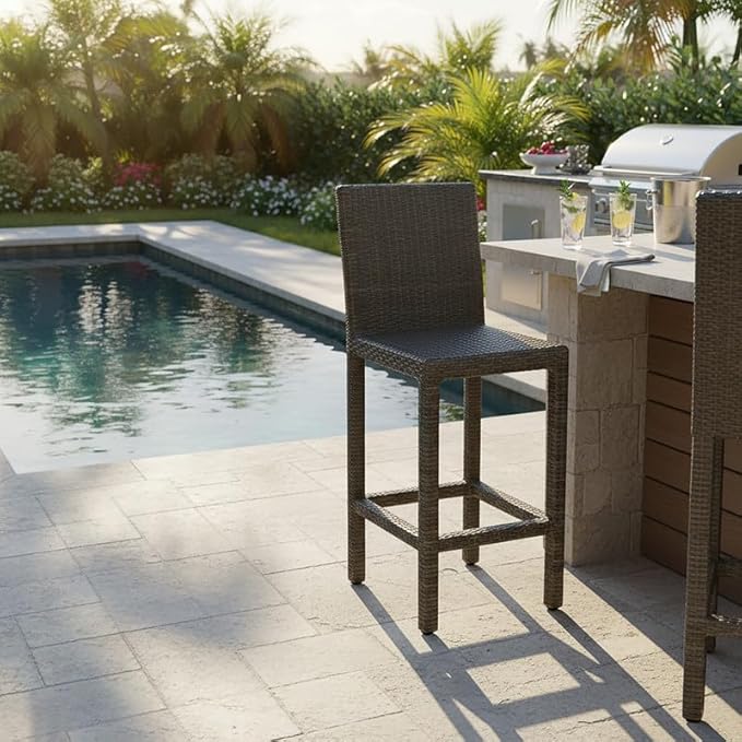 Covers & All Universal 30" Armless Bar Stools, 8 mm Oyster Flat Wicker Patio Furniture Designed for Deck and Garden Dining and Durable Outdoor Furniture for Poolside Bar (22" L x 18" W x 47" H)