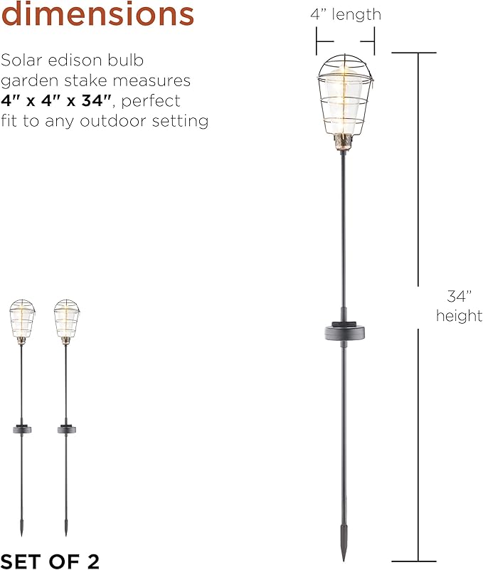 Alpine Corporation 34" Tall Outdoor Solar Powered Edison Bulb Garden LED Stake - Set of 2
