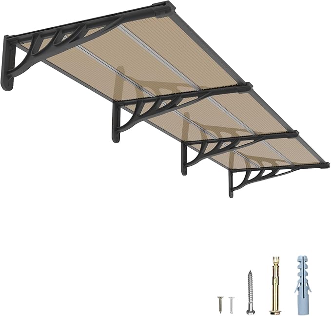 Door Awning Window Canopy, Modular Spliced Awnings for Outside,Porch,Patio,Deck,Polycarbonate Sheet,UV, Rain, and Snow Protection (Brown Board & Black Bracket, 35'’*120'’)