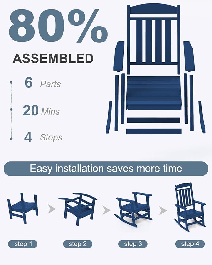 Outdoor Rocking Chairs, Oversized High Back Patio Rocking Chairs, All Weather Porch Rocking Chairs for Outside. Navy Blue