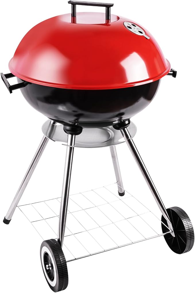Charcoal grill, portable kettle charcoal grill with insulated cover, suitable for courtyard, camping, and outdoor use. (18 inches red)