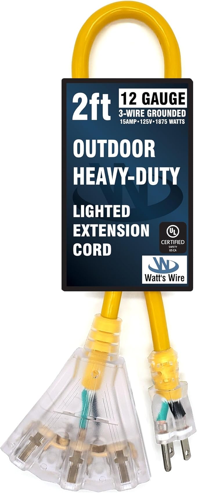2 ft Outdoor Extension Cord Waterproof - 12 Gauge Heavy Duty Extension Cord Splitter - Lighted Outdoor Extension Cords with Multiple Outlets - Watts Wire - 2' Grounded - extensiones electricas