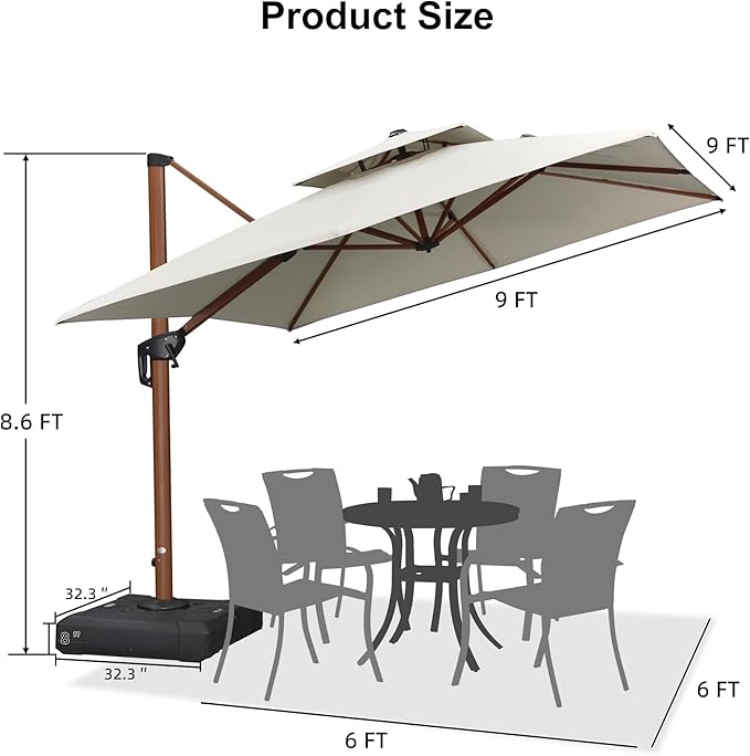 PURPLE LEAF Patio Umbrella with Base Outdoor Square Umbrellas Large Cantilever Umbrella Windproof Offset Heavy Duty Sun Umbrellas for Garden Deck Pool Patio, 9ft Cream
