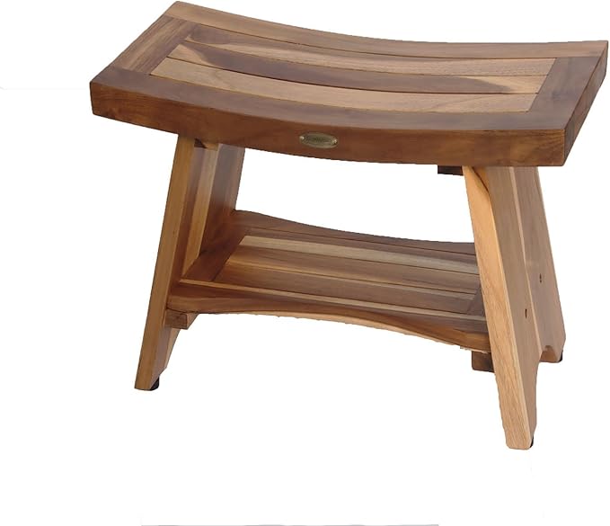 EcoDecors 24 Inch Serenity Teak Shower Bench – Waterproof Bathroom Seat with Large Storage Shelf For Adults & Seniors | Spa-Style Teak Wood Stool with Non-Slip Feet, Elegant Finish, 300 Pound Capacity