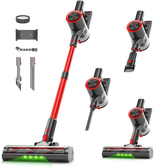 Cordless Stick Vacuum Cleaner, 38Kpa Powerful Suction Vacuum Cleaner with LED Headlight, Detachable Battery, 8-in-1 Lightweight Handheld Vacuums for Pet Hair Carpet and Hardwood Floor, Red