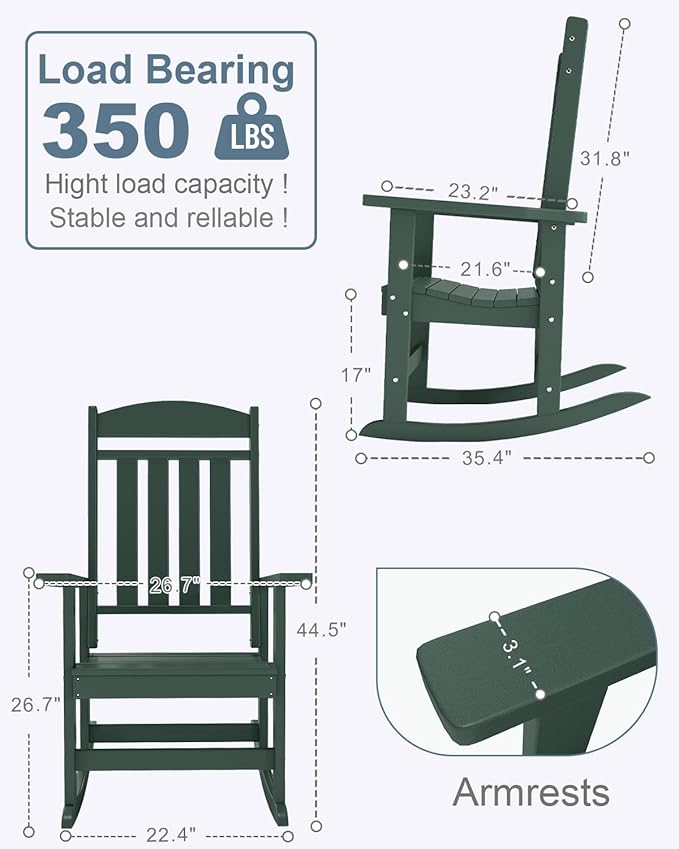 Outdoor Rocking Chairs, Oversized High Back Patio Rocking Chairs, All Weather Porch Rocking Chairs for Outside. Dark Green