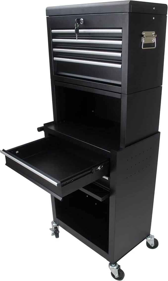 6 Drawers Rolling Tool Box Organizer,2 Tier High Capacity Tool Chest with Wheels,Lockable Rolling Tool Chest with 2 Cabinet,Detachable Tool Box Workshop Storage Cabinet(2 Tier-6 Drawers(Black))