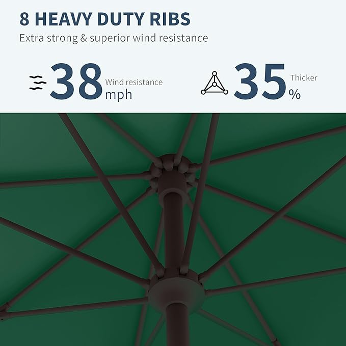 PatioKingdom 10FT Patio Umbrella with Push Button Tilt and Crank, Outdoor Market Umbrella with 8 Fiberglass Ribs, UV Protection Table Umbrella for Pool,Backyard,Garden,Deck(Dark Green, 10FT)