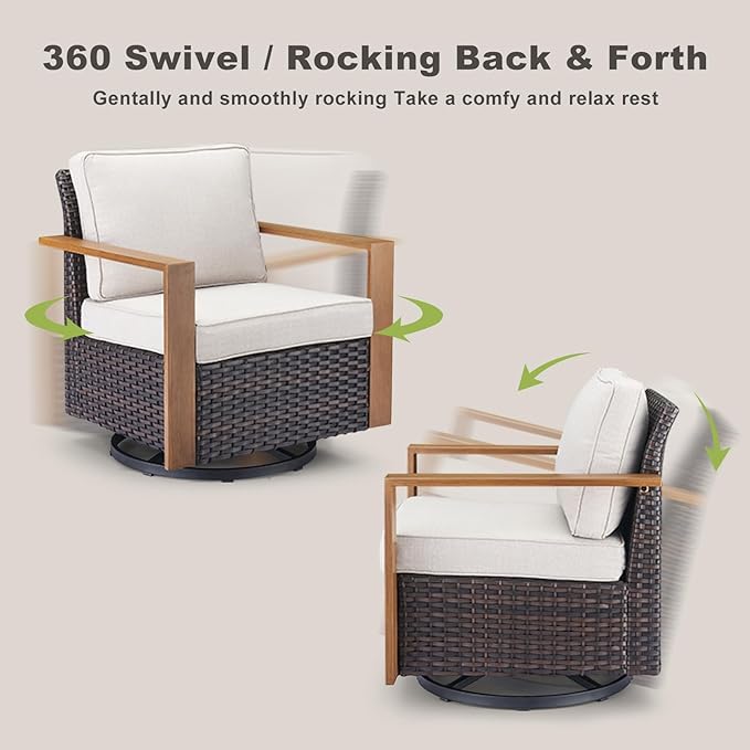 Outdoor Patio Swivel Rocker Chairs - 3 Piece Wicker Patio Furniture Bistro Set with 2 Swivel Rocking Chairs and 1 Metal Side Table,Thick Cushions,Deep Seating for Deck Porch Garden(Brown/Beige)