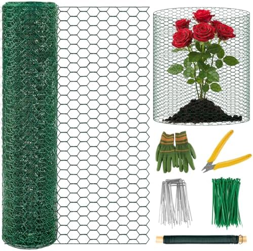 Convivium Plant Protectors from Animals, 0.8mm Free-Cut Green Chicken Wire Mesh, PVC Coated Tree Trunk Guard & Garden Fence for Outdoor Plants with Zip Ties, Stakes, Pliers, Gloves（16.4Ft*16In）
