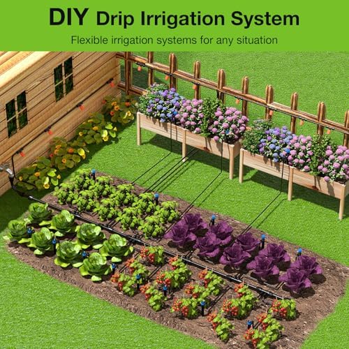 MIXC Greenhouse Micro Drip Irrigation Kit Automatic Irrigation System Patio Misting Plant Watering System with 1/4 inch 1/2 inch Irrigation Tubing Hose Adjustable Nozzle Emitters Barbed Fittings