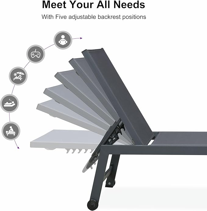 PURPLE LEAF Patio Chaise Lounge Set for 2 Outdoor Chaise Lounge Chair with Aluminum Frame and Wheels Pool Lounge Chairs for Deck Yard Poolside Table Included, Dark Grey