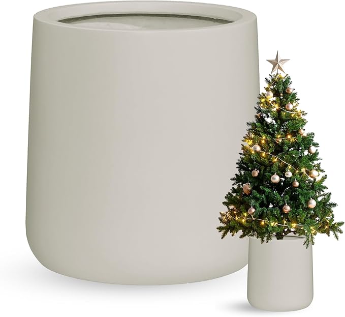 15.3"H x 15"D Conico Fiberstone Round Planter - Christmas Tree Planter, Smooth Finishes, Weather Resistant for Indoor and Outdoor Use, Included 2 Extra Coco Mats (Taupe, 11.7" Pot Opening)