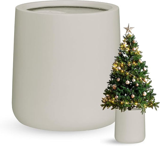 15.3"H x 15"D Conico Fiberstone Round Planter - Christmas Tree Planter, Smooth Finishes, Weather Resistant for Indoor and Outdoor Use, Included 2 Extra Coco Mats (Taupe, 11.7" Pot Opening)