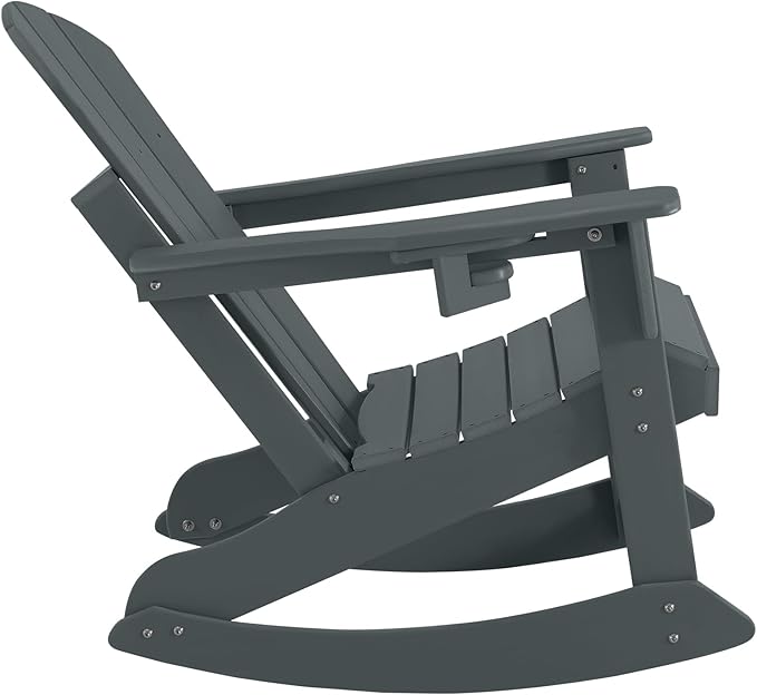 Outdoor Rocking Chair, HDPE Poly All-Weather Patio Rocking Chairs with Cup Holder for Adults, Porch Rocker for Deck Patio Balcony, 440lbs, Black