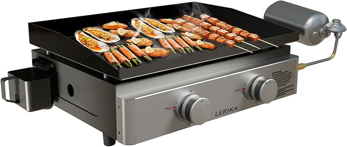 LERIKA 23"Tabletop Propane Grilddle for Outdoor Kitchen Barbecue Grill, Non Stick Enamel/Durable Stainless Steel/2 Burner Portable Flat Top Grill