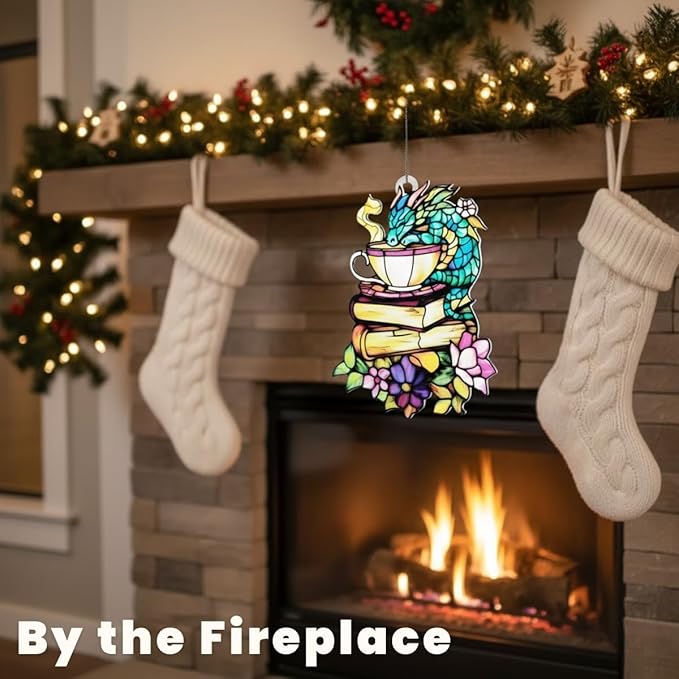 Book Christmas Ornament Bookish Acrylic Suncatcher with Mountain Scenery Stained Glass Effect Window Hanging for Book Lover Reading Nook Decor Gift for Librarian Readers