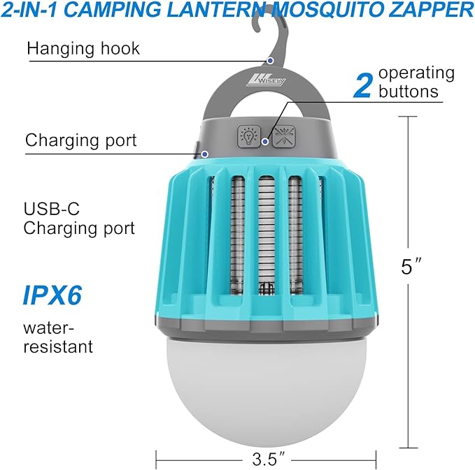 Wisely Bug Zapper Outdoor Cordless, Electric Mosquito Zapper with LED Blue Light, 2 in 1 Portable & Rechargeable Bug Zapper Indoor, Wireless Hanging Fly Zapper for Camping Patio, Home, Oceanblue