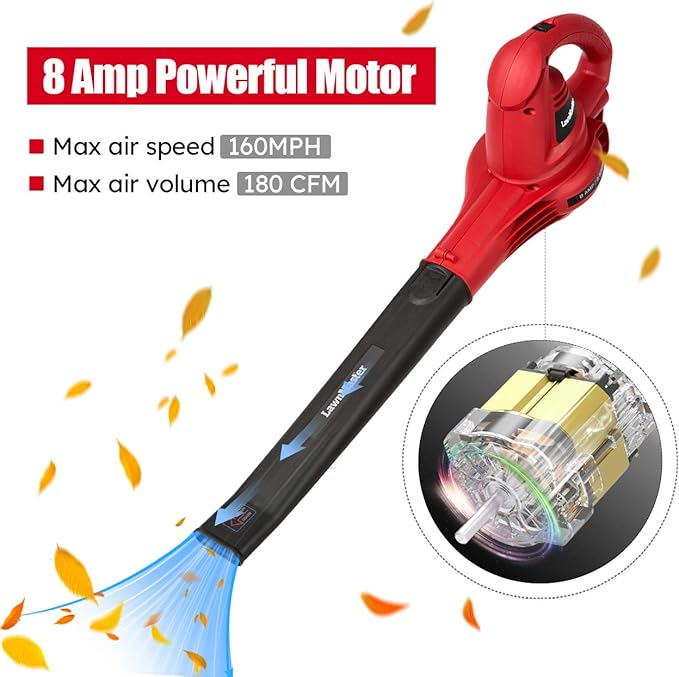 LawnMaster Red Edition BL805E 1201 Electric Leaf Blower 8 Amp 2-Speed 160 MPH & 180 CFM