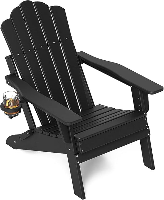 FOOWIN Adjustable Adirondack Chair, Folding Adirondack Chair with Cup Holder, HDPE All-Weather Fire Pit Chair with 3 Recline Positions, Suitable for Patio, Garden, Backyard, Poolside, Black