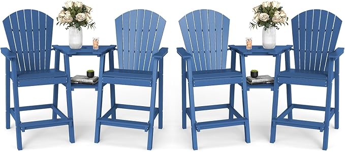 FOOWIN Tall Adirondack Chair Set of 4, All Weather HDPE Bar Height Adirondack Chair with Double Connecting Trays, Adirondack Barstools for Balcony, Deck, Backyard, Patio, Garden Navy Blue