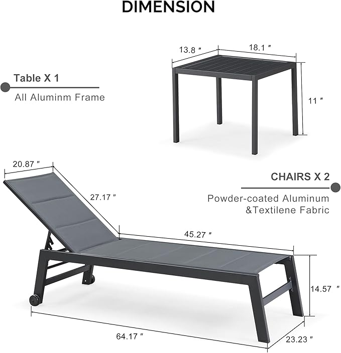 PURPLE LEAF Outdoor Chaise Lounge Set of 2 Aluminum Patio Lounge Chair with Wheels and Side Table Pool Chaise Lounge Chair for Outdoor Backyard Poolside Grey