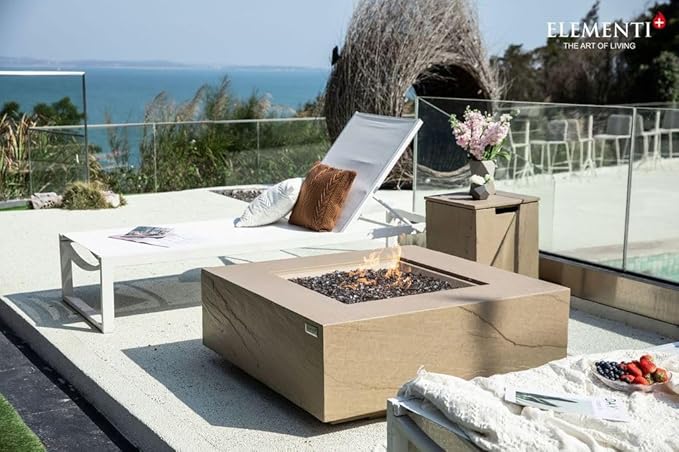 Elementi+ | Bundle Uluru Gas Fire Pit Cast Concrete 40" Square Fire Table, Outdoor Fire Pit Electronic Ignition | Canvas Cover, Fire Glass and Burner Lid Included | Sunlight Yellow | Propane Gas