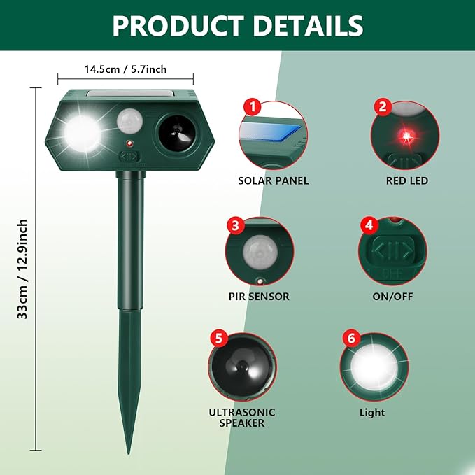 Ultrasonic Solar Animal Repellent Outdoor Deer Repellent Devices Motion Detection Waterproof Cat Squirrel Mouse Raccoon Dog Repellent Deterrent (2)