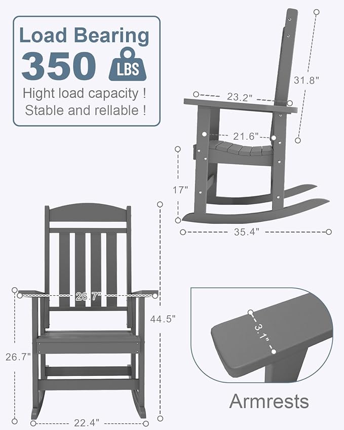 Outdoor Rocking Chairs Set of 2, Oversized High Back Patio Rocking Chairs, All Weather Porch Rocking Chairs for Outside. Dark Grey