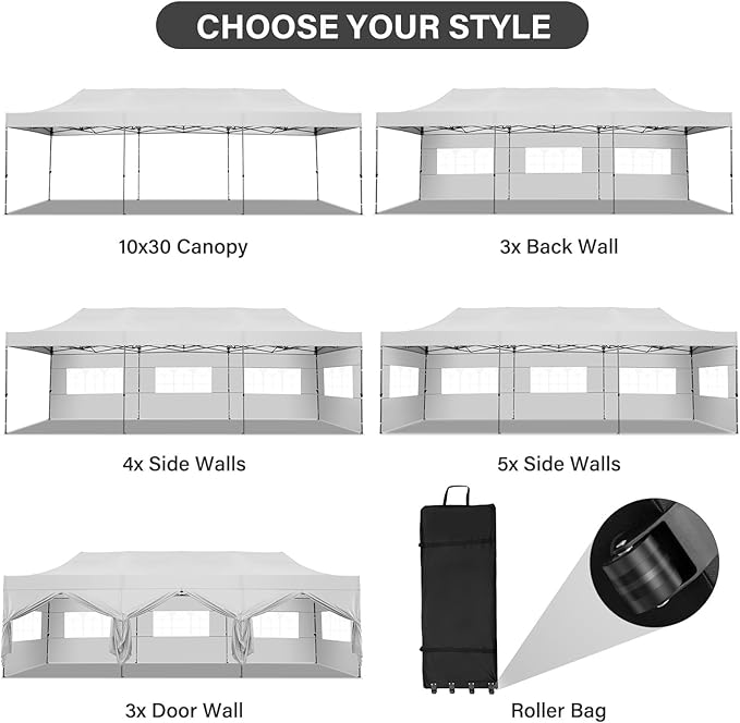 COBIZI 10x30 Pop up Canopy Heavy Duty with 8 Sidewalls, Easy Set-up Commercial Outdoor Party, 100% Waterproof Wedding Canopy Gazebo, 3 Height Adjustable with Wheeled Bag, White