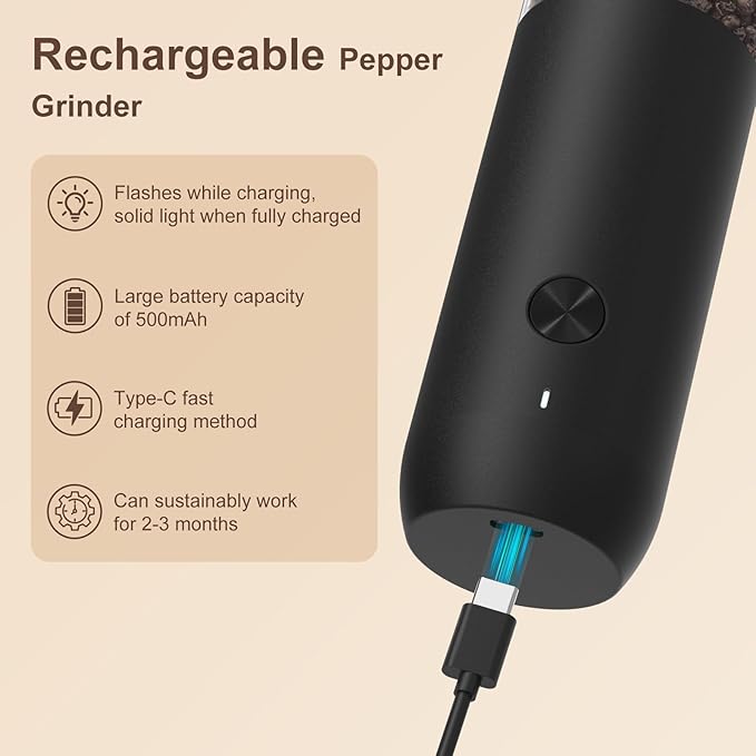 Ultrean Pepper Grinder, Rechargeable Salt and Pepper Grinder with 6 Adjustable Coarseness, LED Light, Automatic Grinder for Kitchen, Christmas Gifts for Women, Black