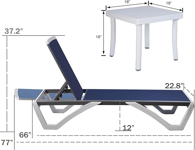 Kozyard Patio Chaise Lounge Chair - Full Flat Alumium & Resin Legs, Outdoor Reclining Adjustable Chair for Sunbathing, Beach, Patio, Lounge Set or Patio Table (2NavyBlue Textilence W/Table)