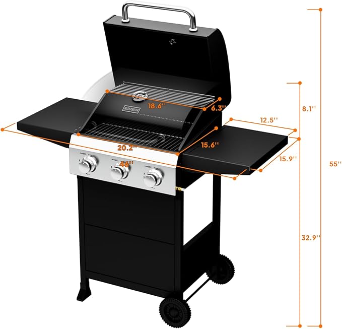 ROVSUN 3 Burner Propane Gas Grill with Foldable Side Shelves, 36000BTU BBQ Grills with Enameled Cast Iron Grates, Cabinet & Poratable Rolling Wheels for Outdoor Garden Patio Backyard Barbecue Cooking