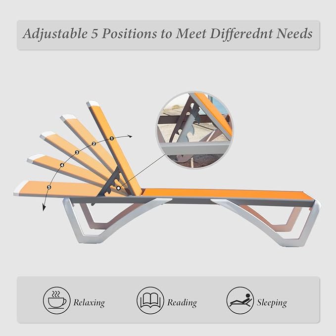 Domi Pool Lounge Chair Aluminum Adjustable Outdoor Chaise Lounge,All Weather Plastic Poolside Lounge Chair with Table for Deck Lawn Backyard, Orange Textilene