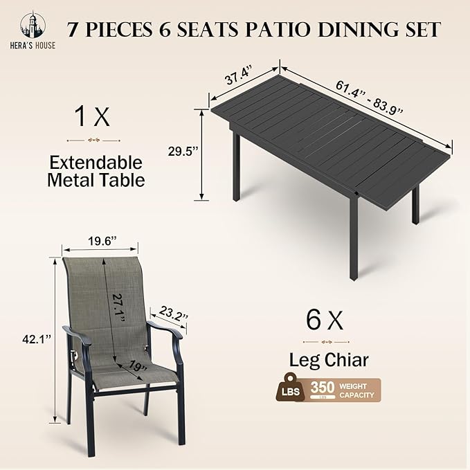 HERA'S HOUSE 7 Pieces Patio Dining Set, Outdoor Dining Set for 6, 6 x All Weather Textilene Padded Dining Chair, 1 x Rectangular Expandable Large Surface Metal Dining Table
