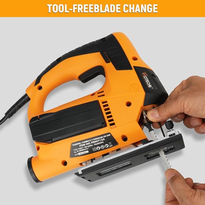 Hoteche's 6.7Amp Electric Jig Saw with Laser Guide and Ruler – Corded Pendulum Jigsaw for Wood and Metal Cutting, 4 Orbital Settings, Quick Blade Change, Aluminum Base, Includes Blades & Accessories