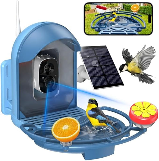 Bird Feeder with Camera, Smart Birdfeeder with Cam Solar Powered, 2K HD Video, AI Identification, Instant Arrival Alerts, IP66 Bird Bath & Feeder,Gift for BirdLover (with BirdBath, Blue)