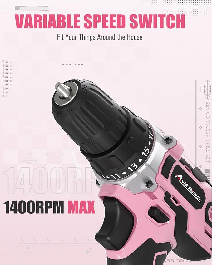 AVID POWER 20V MAX Power Drill Kit, Cordless Drill Set with Battery and Charger, 2 Variable Speed, 3/8-Inch Keyless Chuck, 19 Position and 22pcs Bits - Pink